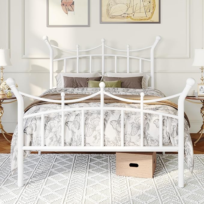 Allewie 14 Inches Twin Size Metal Platform Bed Frame with Elegant Crown Iron-Art Headboard & Footboard, Sturdy Mattress Foundation with Under-Bed Storage, Easy Assembly, No Box Spring Needed, White