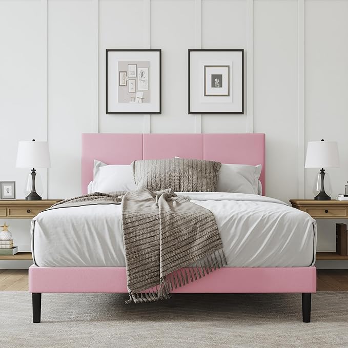 Full Size Bed Frame with Headboard, Velvet Upholstered Platform Bed Frame, Sturdy Slatted Support for Springless Mattresses, Silent Operation, Easy to Assemble, Pink