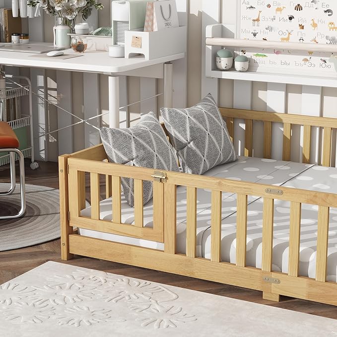 Bellemave Full Size Floor Bed with Slats and Safety Guardrail, Full Size Montessori Floor Bed with Fence and Door, Easy Assemble Montessori Beds for Kids, Girls, Boys, Natural
