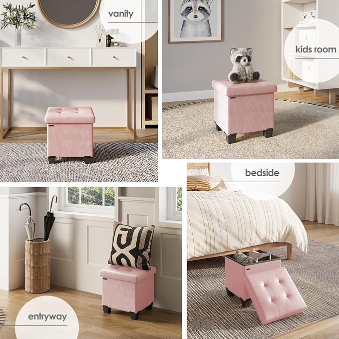 Storage Ottoman Cube with Small Bin, 15-in Square Ottoman with Storage for Living Room and Bedroom, Small Ottomans Foot Rest, Leather Foot Stools Ottomans Max 330lbs, Pink