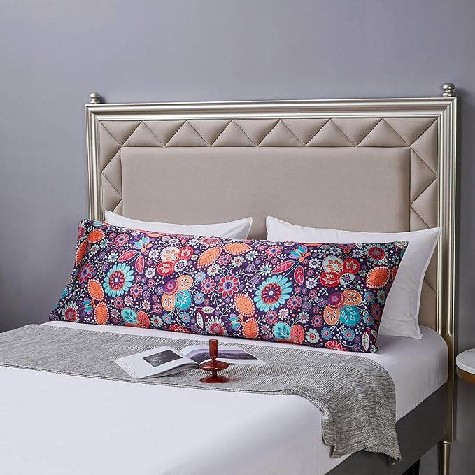 MR&HM Satin Body Pillow Cover, Soft and Breathable Body Pillow Case with Envelope Closure, Cooling and Silky Long Pillowcase for Hair and Skin,Grey (20x54, Boho Floral)