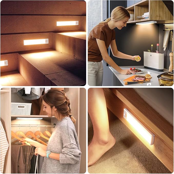 6 Pack Under Cabinet Lights Wireless, 32 LED Motion Sensor Light Indoor Rechargeable Magnetic Closet Lights Battery Operated, Under Counter Lights for Kitchen, Wardrobe, Stairs, Warm Light