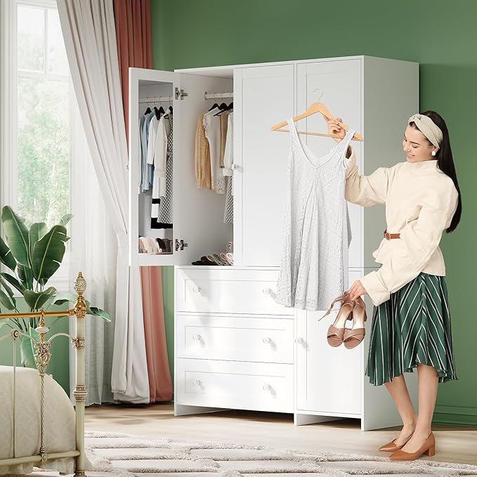 VOWNER Armoire Wardrobe Closet with Drawers and Mirror, 71" Clothing Storage Cabinet with Hanging Rod, 4 Doors Wooden Wardrobe Cabinet for Bedroom, Large Capacity Storage