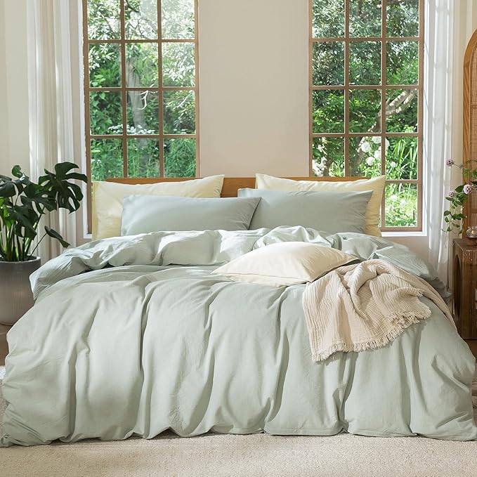 MooMee Bedding Duvet Cover Set 100% Washed Cotton Linen Like Textured Breathable Durable Soft Comfy (Heathered Sage Green, Twin 68"x90")