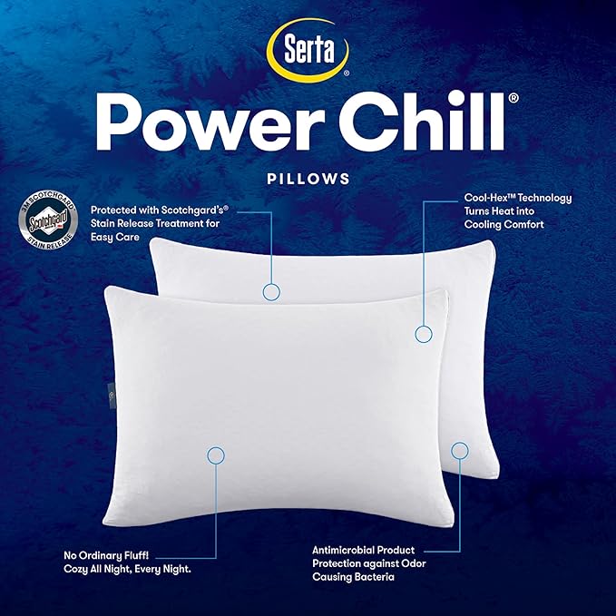 Serta Power Chill Cooling Medium/Firm Down Alternative Bed Pillows for Side, Stomach or Back Sleepers (2 Pack), King, White