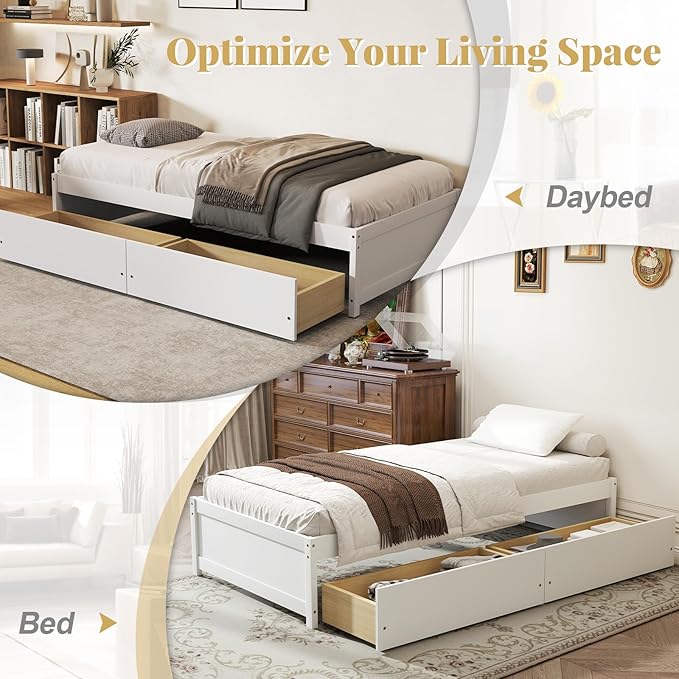 Giantex Twin Bed Frame with 2 Storage Drawers, Solid Wood Platform Bed with Slats Support, Heavy Duty Daybed with Storage, No Box Spring Needed, Twin Bed Frames for Kids Teens Adults Guests (White)