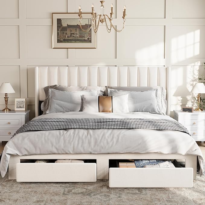 IDEALHOUSE King Bed Frame with Wingback Headboard, Velvet Upholstered Platform Bed with 2 Storage Drawers, Vertical Tufted Headboard Design, Wooden Slats Support, No Box Spring Needed, White