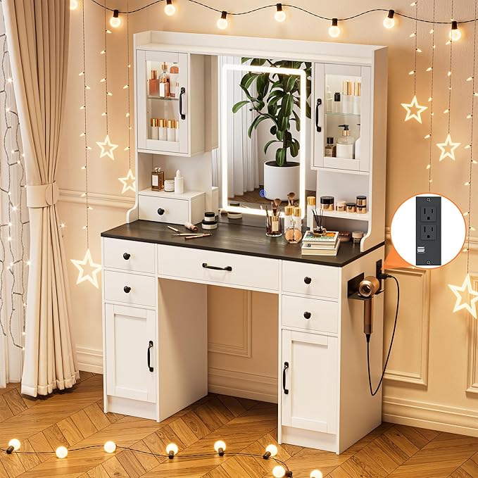 KAMABOKO Vanity Desk with LED Lights and Mirror, Large Makeup Vanity Table Set with 6 Drawers & 4 Cabinets & Power Outlet, 3 LED Lights Modes Adjustable