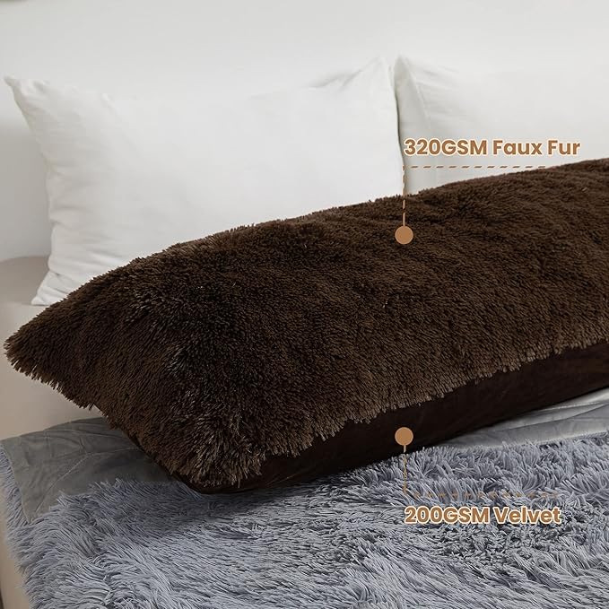 MEGO Shaggy Plush Body Pillow Cover, Faux Fur Fluffy Body Pillowcase, 20x54 Boho Fuzzy Full Body Pillow Case, Furry Long Big Throw Pillow Sham with Zipper for Home Bedding Couch Living Room Brown