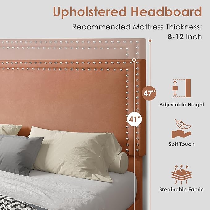 VECELO Queen Size Platform Bed Frame with Height Adjustable Upholstered Headboard, Modern Mattress Foundation,Strong Wood Slat Support, No Box Spring Needed, Easy Assembly,Brown