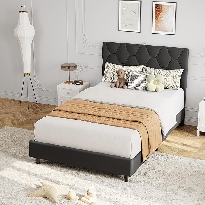 GarveeHome Twin Size Platform Bed Frame with Upholstered Headboard and Wooden Slats Support, Upholstered Mattress Foundation/No Box Spring Needed/Easy Assembly, Gray
