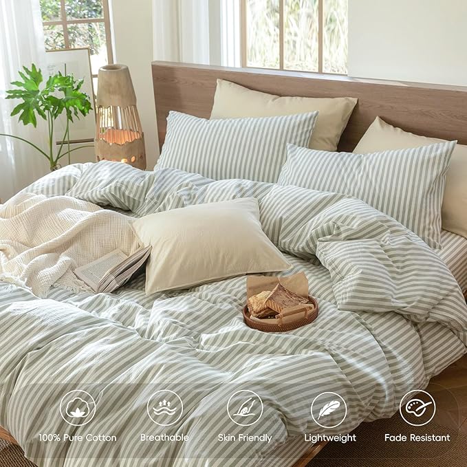 MooMee Striped Duvet Cover Set 100% Washed Cotton Linen Like Textured Breathable Durable Soft Comfy (Sage Green White Classic Stripes, Cal King 104"x98")