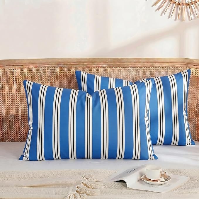 Merryword King Size Pillowcases, 100% Cotton Pillow Cases, Blue Striped Pillowcases, Soft Breathable Ribbon Stripe Pillow Covers, Set of 2