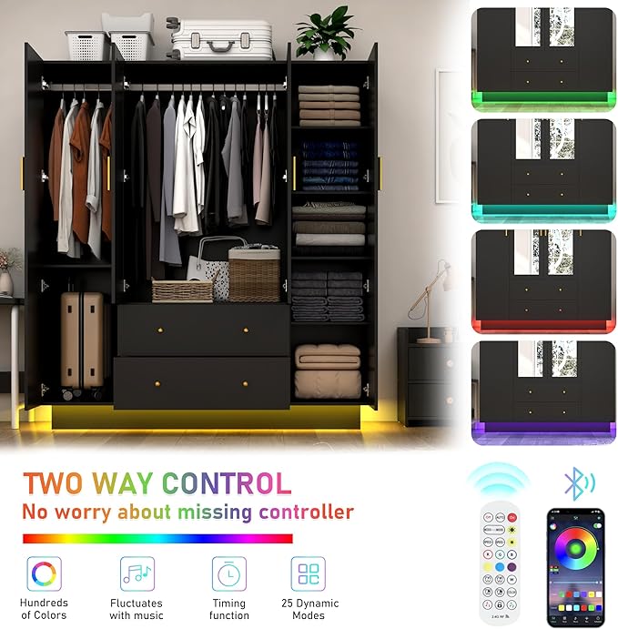 jiteentarou 4 Door Wardrobe Closet with Mirrors and LED Lights, Bedroom Armoire with Drawers and Shelves, Modern Wooden Armoire Wardrobe Closet with Hanging Rod for Bedroom, Black
