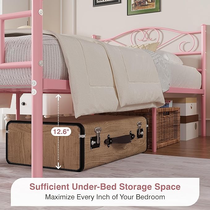 VECELO 14 Inch Twin Size Metal Platform Bed Frame with Headboard and Footboard, Heavy Duty Mattress Foundation with Steel Slats Support, No Box Spring Needed, Pink
