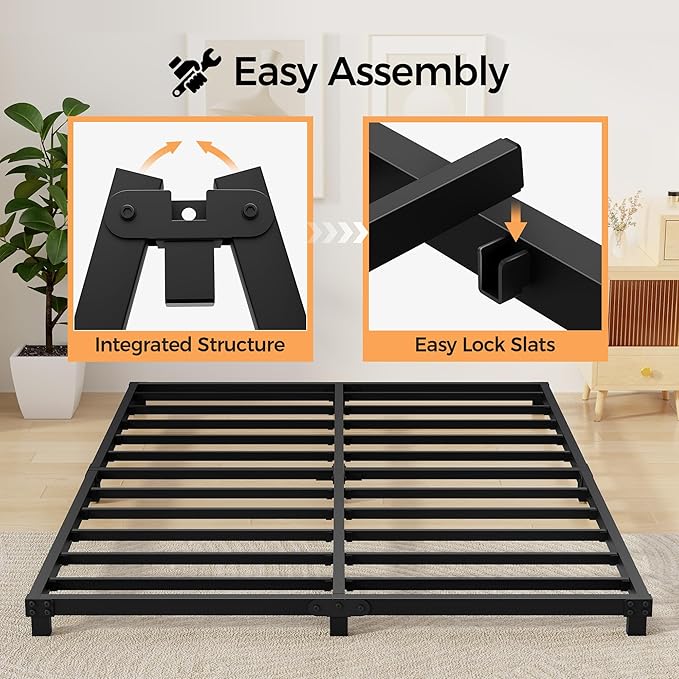 4 Inch Bed Frames Full Size Low Profile Metal Platform Bed Frame Heavy Duty Steel Slat Support, No Box Spring Needed, Easy Assembly, Noise Free