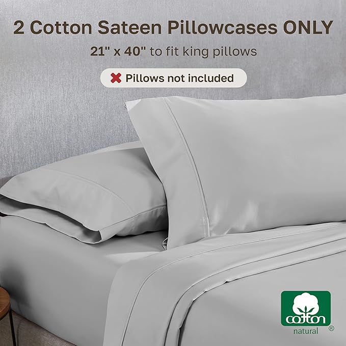 California Design Den King Size Pillowcase Set - 400 Thread Count, 100% Cotton Sateen, Set of 2 Pillow Covers, Soft and Breathable - Light Grey