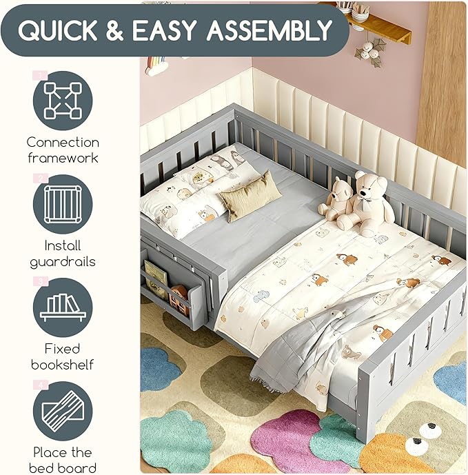 Bellemave Twin Floor Bed Frame with Fence & Bookshelf, Solid Pine Wood Twin Montessori Floor Bed with Slats Load 300LBS, Low Profile Floor Bed for Kids, Bedroom, Nursery, Easy Assembly, Grey