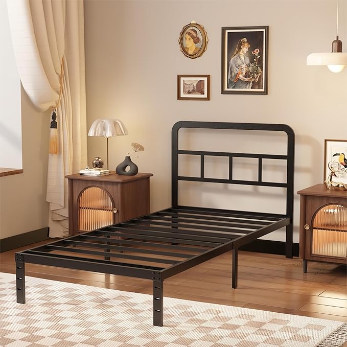 Husleephu Twin Bed Frames with Headboard, 12 Inch Heavy Duty Metal Twin Platform Bed Frame, No Box Spring Needed, Noise Free, Easy Assembly, Black