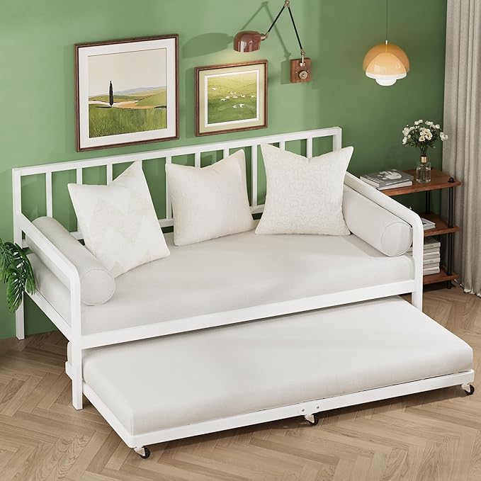 Lutown-Teen Twin Trundle Bed Frame with Metal Slats, Roll-Out Design, Easy Assembly Steel Frame with Lockable Wheels, Noiseless Pull Out Bed for Bedroom, Living Room or Guest Room, White