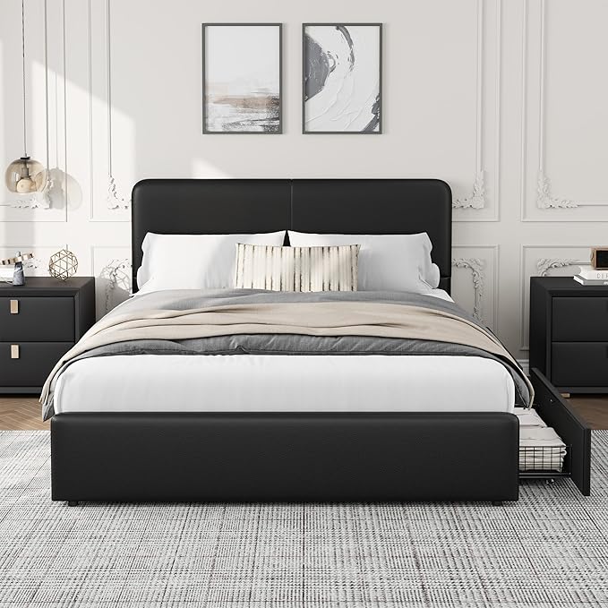 GarveeHome Modern Upholstered Platform Bed Frame with Headboard and Storage Drawers – PU Black Leather, Strong Wood Slat Support, No Box Spring Needed, Easy Assembly, Noise-Free – Full Size, PU Black