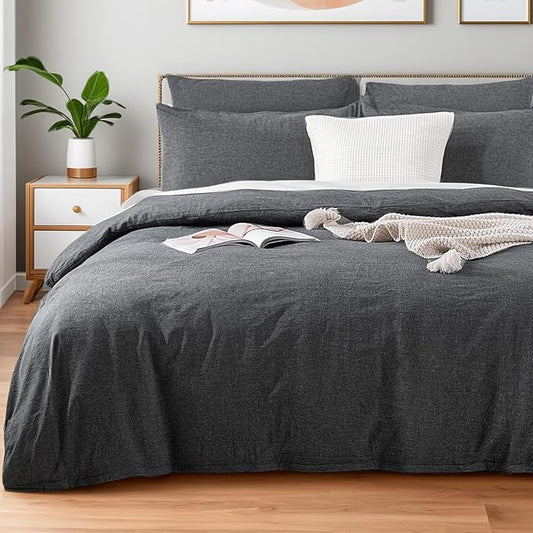 NEXHOME PRO Duvet Cover Full 100% Washed Cotton, Heathered Black Breathable, Durable, Textured, Linen Like, Home Bedding Set 80"x90"
