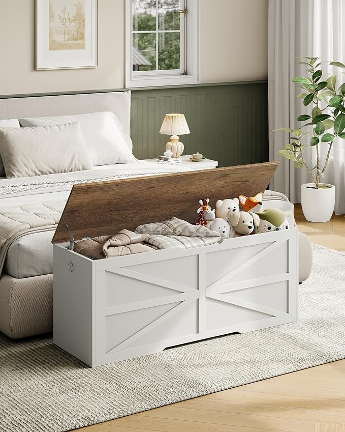CHOEZON Storage Chest, 47.2" Wooden Storage Trunk, Modern Storage Bench with Safety Hinge, Toy Box, Farmhouse Style, for Bedroom, Living Room, Walnut and White MCW16WL