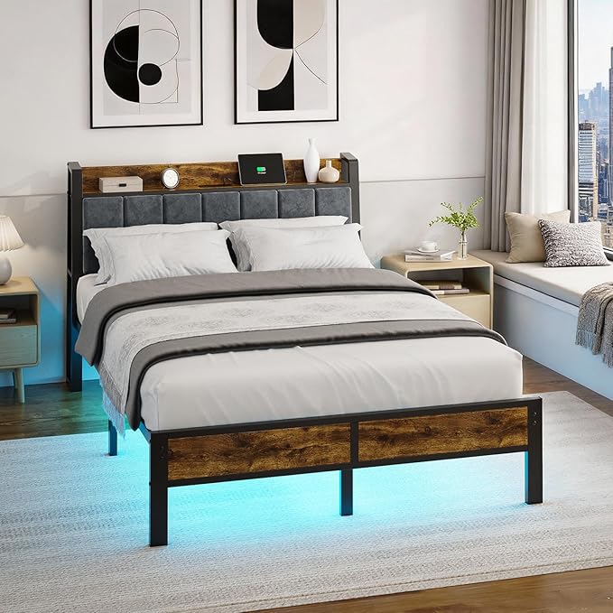 Liians Full Size Bed Frame with Smart LED Light, Wood Storage Charging Station Headboard, Metal Platform Bed, No Box Spring Required, Easy Assembly, Noise Free