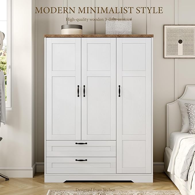 Yechen 3-Door Wooden Armoire Wardrobe Closet with Drawers and Shelves, Bedroom Armoires Closet with Mirror for Hanging Clothes, Coat, Farmhouse Wardrobe Cabinet for Large Storage Needed