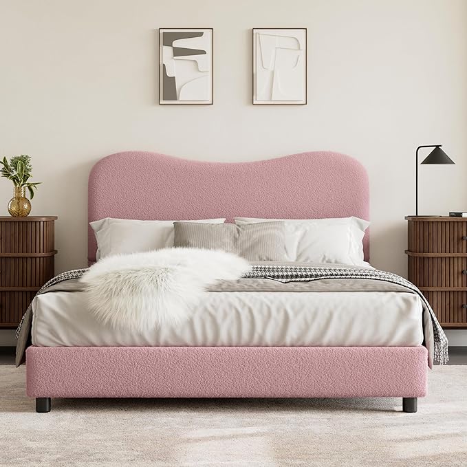 GarveeHome Boucle Queen Bed Frame with Upholstered Headboard, Soft Low Profile Sturdy Platform Bed with Rounded Corners Design, Heavy Duty, Wooden Slats, Noise Free, No Box Spring Needed, Pink
