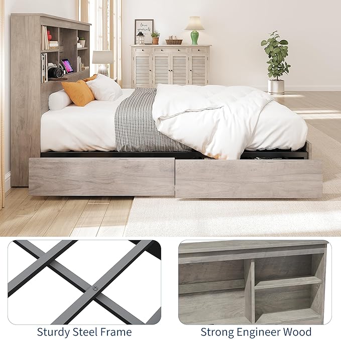 IDEALHOUSE King Bed Frame with Storage Headboard, Wooden Bed Frame with Charging Station, Storage Bookcase & King Size Platform Bed with 4 Drawers, No Box Spring Needed, Noise-Free, Vintage Grey