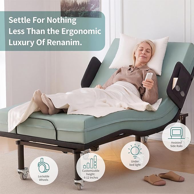 Twin XL Adjustable Bed Frame with Bed Rails for Elderly Adults - Adjustable Bed with Extra Long Twin Mattress 8 inch, Wireless Remote, Under-Bed Light, Brake Wheel Legs Zero Gravity Electric Bed Frame