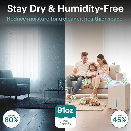 SereneLife Dehumidifiers for Home, 91 Oz Quiet Dehumidifier for Bedroom, Bathroom, Basement with Removable Cylinder For Closet, Timer, Sleep Mode & Smart Humidity Control, Covers 1500 Sq. Ft, White