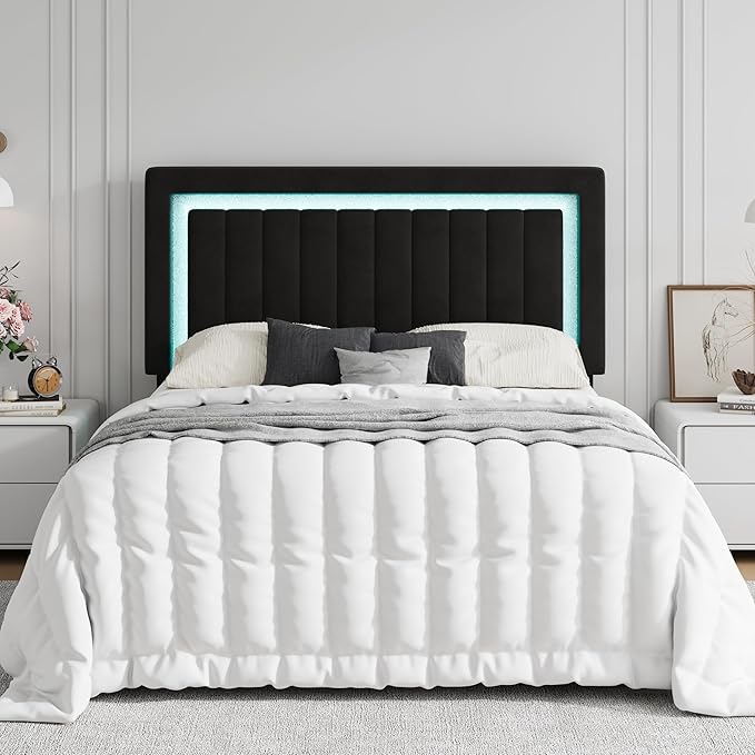 SHA CERLIN Queen Size Velvet Bed Frame with LED Light, Adjustable Vertical Channel Tufted Headboard, Strong Wooden Slats Support, Noise-Free, No Box Spring Needed, Black