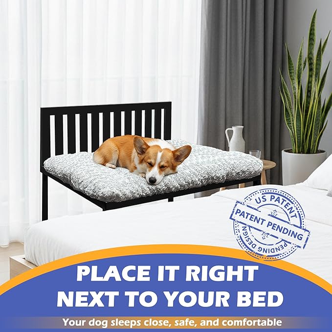 Heavy Duty Dog Bunk Bed, Adjustable Height Metal Dog Bed Frame with Wooden Side Panels & Washable Cushions, Elevated Raised Pet Bed for Large Dogs,26‘’x18.5‘’