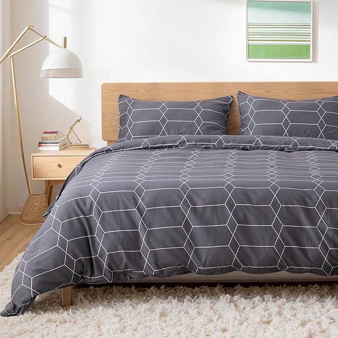 TOCOMOA Plaid Duvet Cover Set 100% Natural Cotton Soft Comfy Breathable 3 Piece Grey and White Pattern Printed Comforter Cover Bedding Set (King 104"x90", Comforter Not Included)