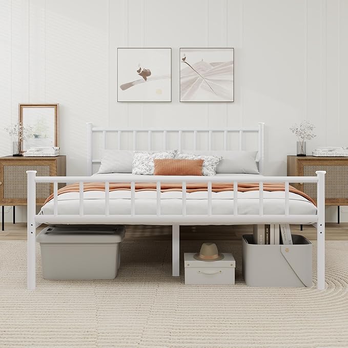 Metal Platform King Bed Frame with Headboard Sturdy Steel Slats Support No Box Spring Needed Easy Assembly White