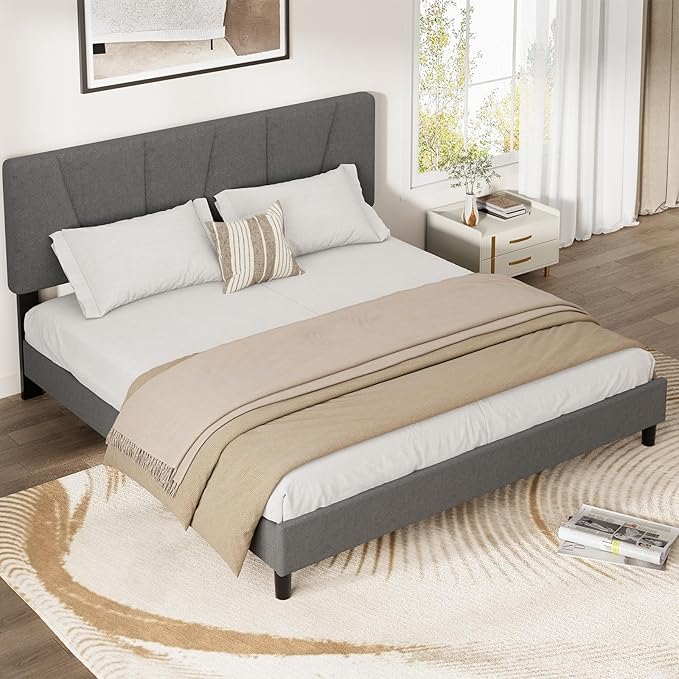 King Size Upholstered Platform Bed Frame with Adjustable Headboard, Fits 8-14 Inch Mattress, Heavy Duty Bed Frame with Wooden Slats Support, Noise-Free, Non-slip, No Box Spring Needed, Easy Assembly