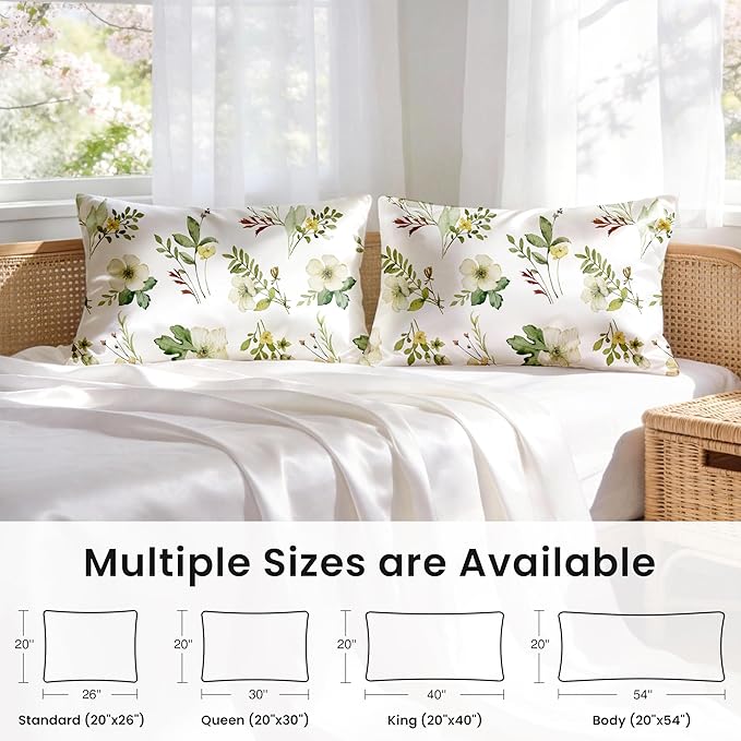 EXQ Home Satin Pillowcase for Hair and Skin Queen - Printed Green Twig Silk Pillow Cases 2 Pack 20x30 inches - Satin Pillow Cases Set of 2 with Envelope Closure, Gifts for Women Men
