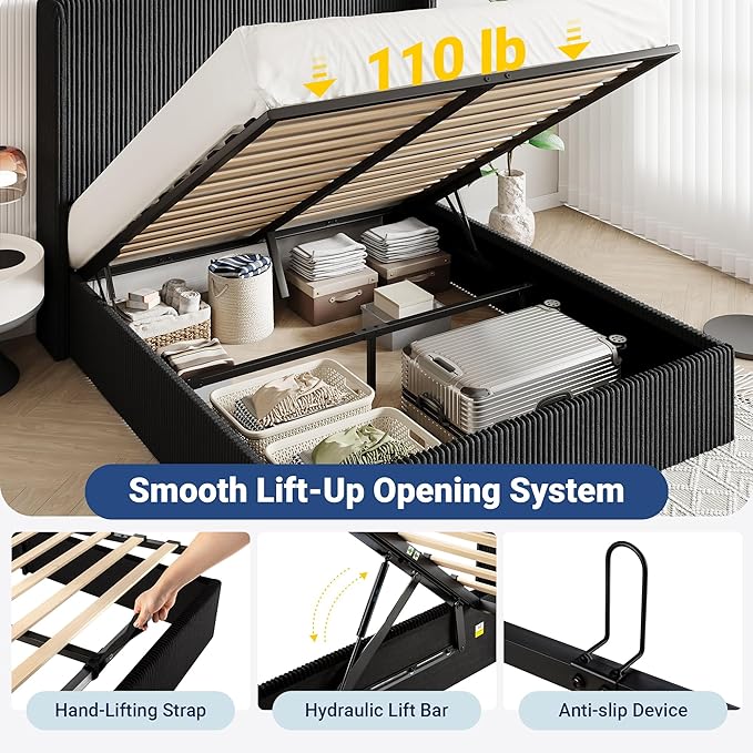 Allewie Full Lift-Up Storage Bed Frame with Modern Wingback Headboard, Corduroy Upholstered Platform Bed, Hydraulic Gas Lift Support, Underbed Storage, Wooden Slats, No Box Spring Needed, Black