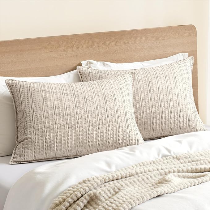 100% Cotton Waffle Pillow Shams Standard Size, 2 Pack 20x26 Decorative Pillow Covers for Bed Couch Sofa, Neutral Weave Cushion Cases Modern Farmhouse Home Decor, Oatmeal