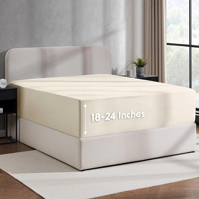 Nestl Linen Extra Deep Pocket Fitted Sheet Queen, Hotel Luxury Queen Fitted Sheet Only Easily Fits 18 to 24 Inch Mattress, Super Soft, Wrinkle-Free, and Breathable Bottom Sheets with Corner Straps