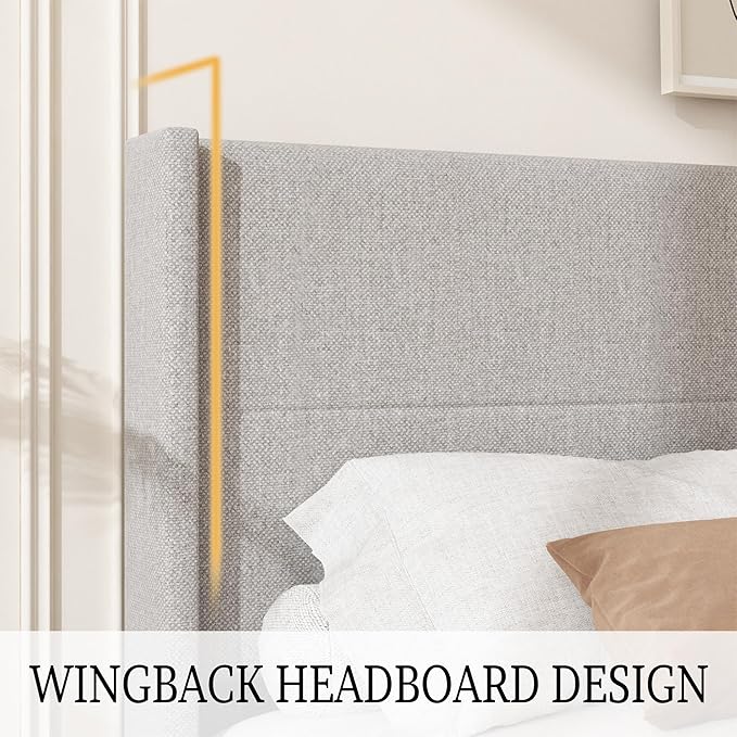 Full Size Bed Frame, Linen Upholstered Platform with Wingback Headboard, Wooden Slats Support, No Box Spring Needed, Easy Assembly, Lightgrey