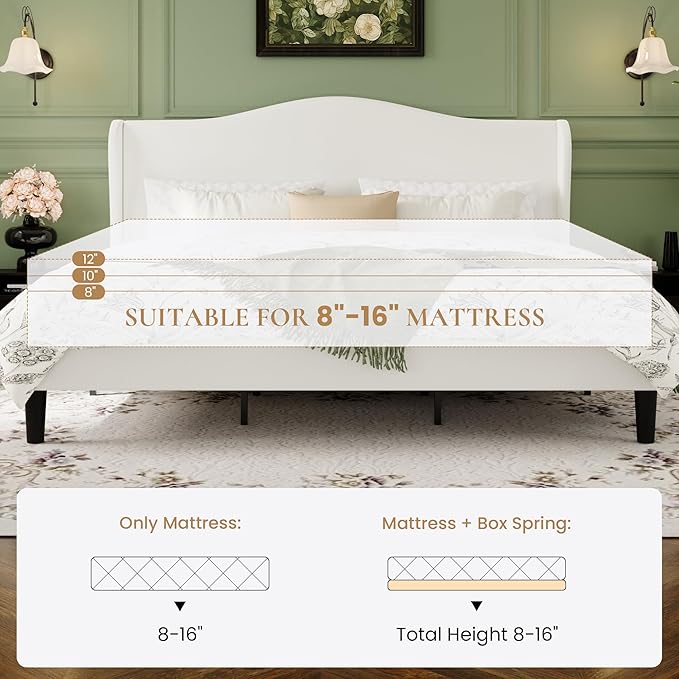 SHA CERLIN King Size Velvet Platform Bed Frame with Elegant Wingback Headboard, Modern & Luxurious Design, Sturdy Wooden Slats, No Box Spring Required, Easy Assembly, Noise-Free, Soft White
