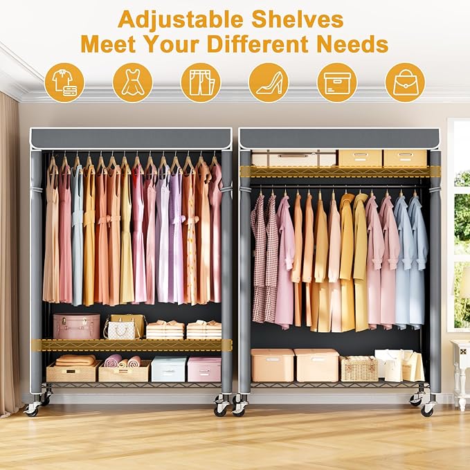ULIFHOME P6C Plus Rolling Clothes Rack with Cover, Covered Clothing Rack Heavy Duty, Portable Closet for Hanging Clothes, Garment Rack on Wheels, Black Closet Rack with Gray Cover, Max Load 375LBS