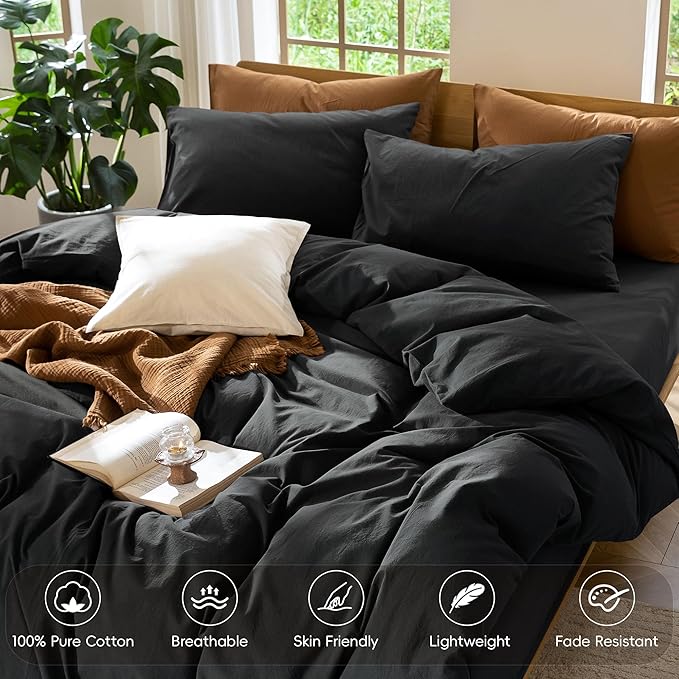 MooMee Bedding Duvet Cover Set 100% Washed Cotton Linen Like Textured Breathable Durable Soft Comfy (Solid Black, Cal King 104"x98")