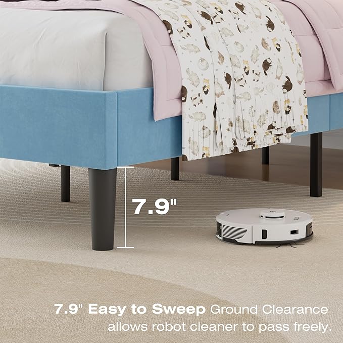 VECELO Twin Size Bed Frame with Upholstered Headboard, Heavy-Duty Bedframe with Wooden Slats & Steel Framework, Easy Assembly, Light Blue