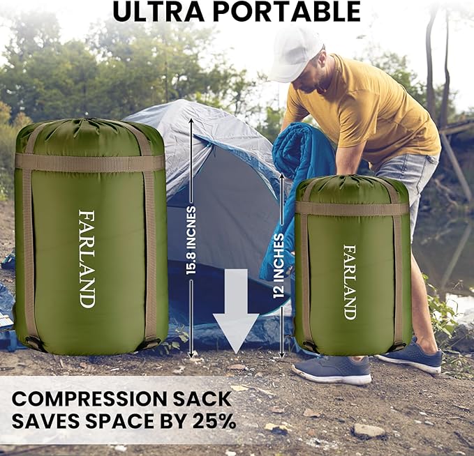 FARLAND Sleeping Bags for Adults, 3 Season Warm & Cool Weather, Lightweight Camping Sleeping Bag for Kids Family Camping Essentials with Compression Sack for Hiking