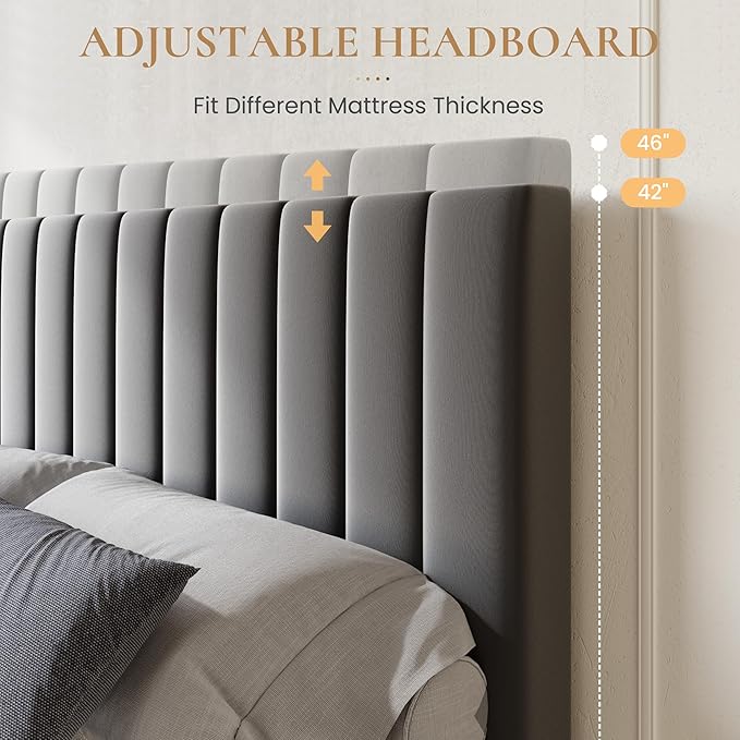 SHA CERLIN King Size Platform Bed Frame with 4 Storage Drawers, Vertical Channel Tufted Adjustable Headboard, Velvet Upholstered, Wooden Slats Support, No Box Spring Needed, Easy Assembly, Grey