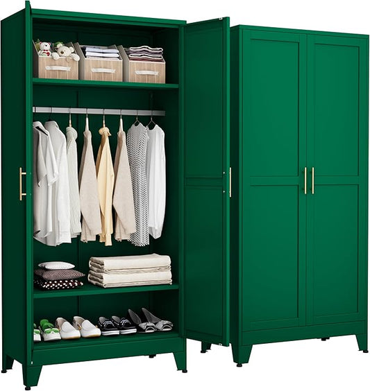 Metal Armoire Wardrobe Closet with Hanging Rod, Clothing Storage Cabinet with Adjustable Shelves for Laundry Room, Bedroom, Home Office, Bathroom, 71" Green